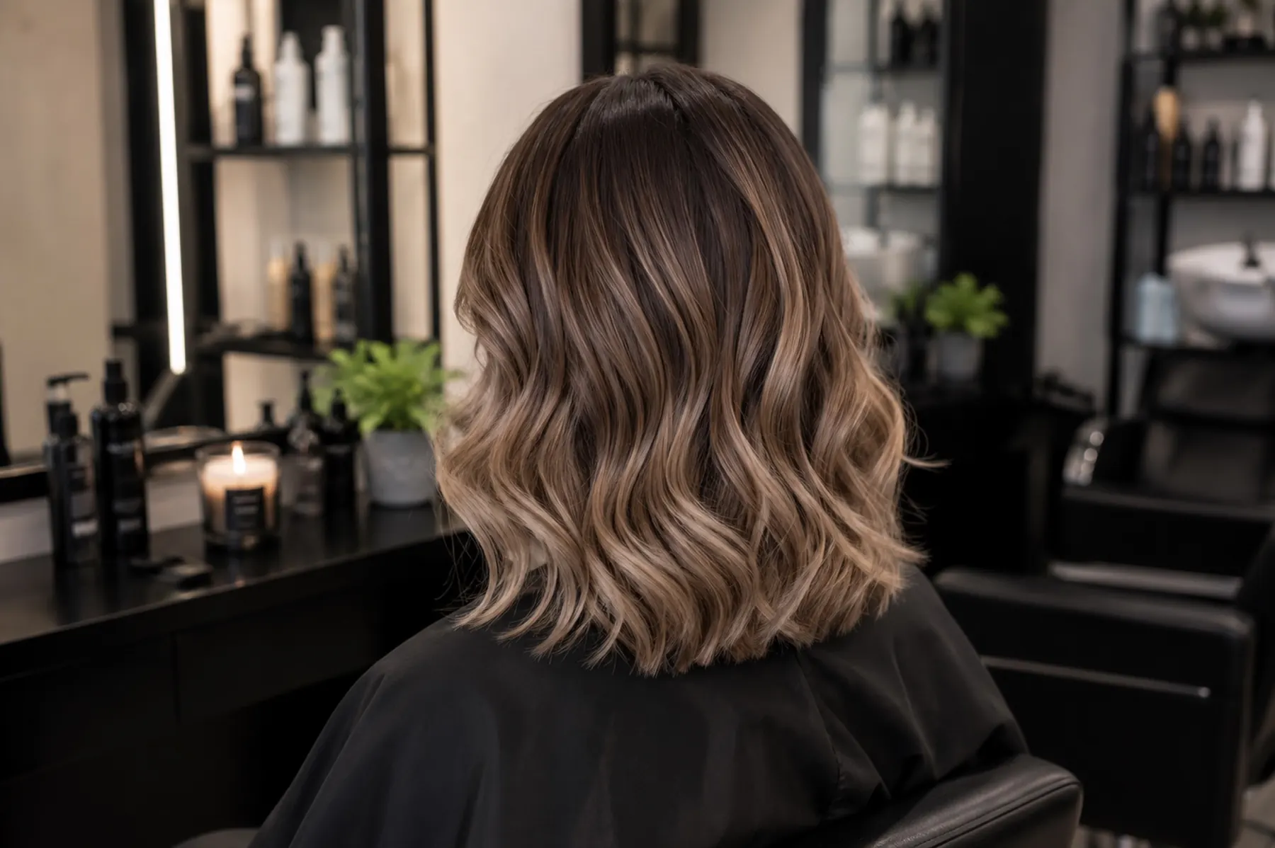 Vállig érő hullámos balayage haj hátulról
