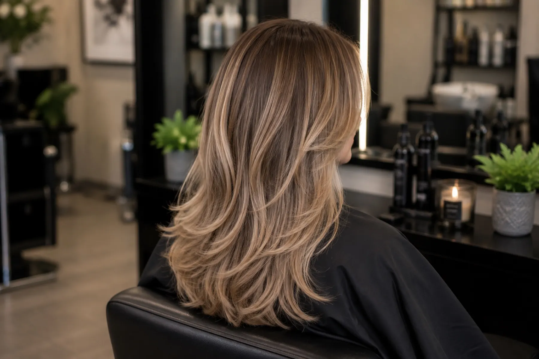 Hosszú, réteges szőke balayage haj félprofilból